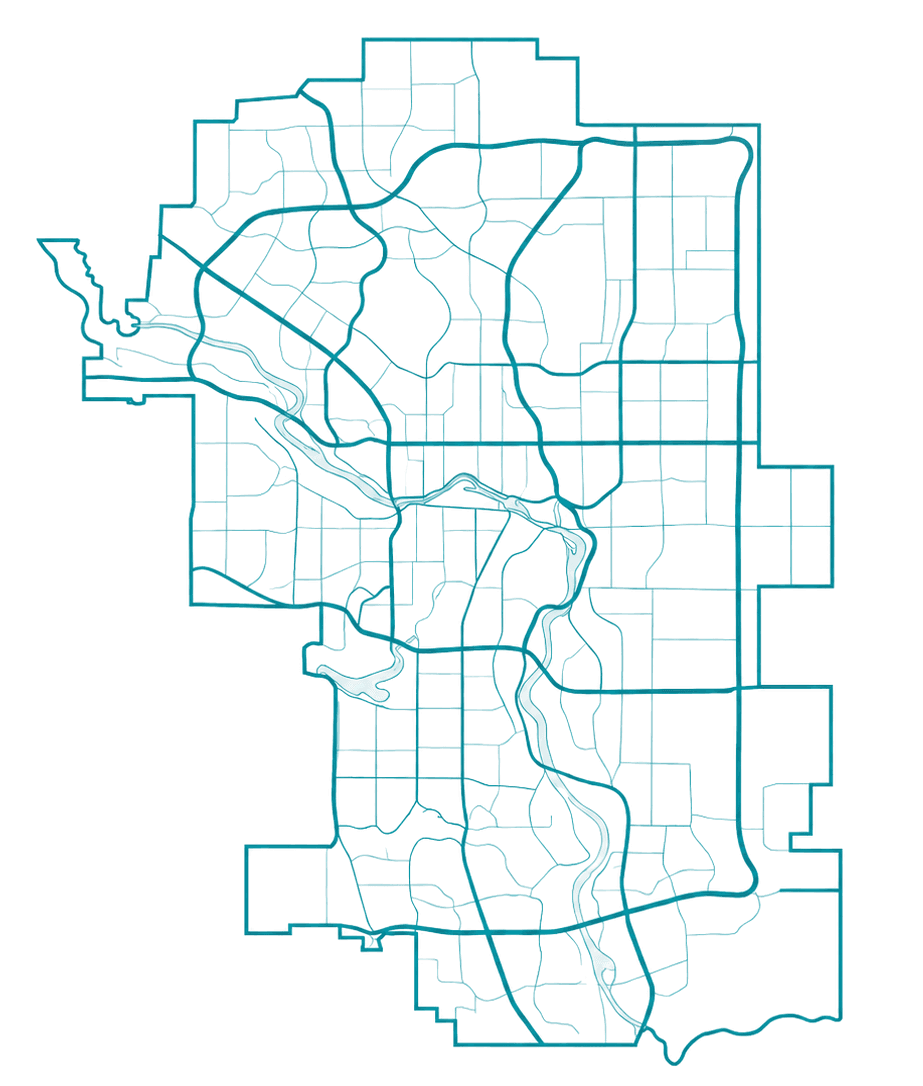 Map of Calgary showing major arterial roads and rivers